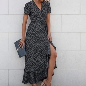 PRETTYGARDEN Women's Summer Wrap Maxi Dress (Black Foral): NEW !!